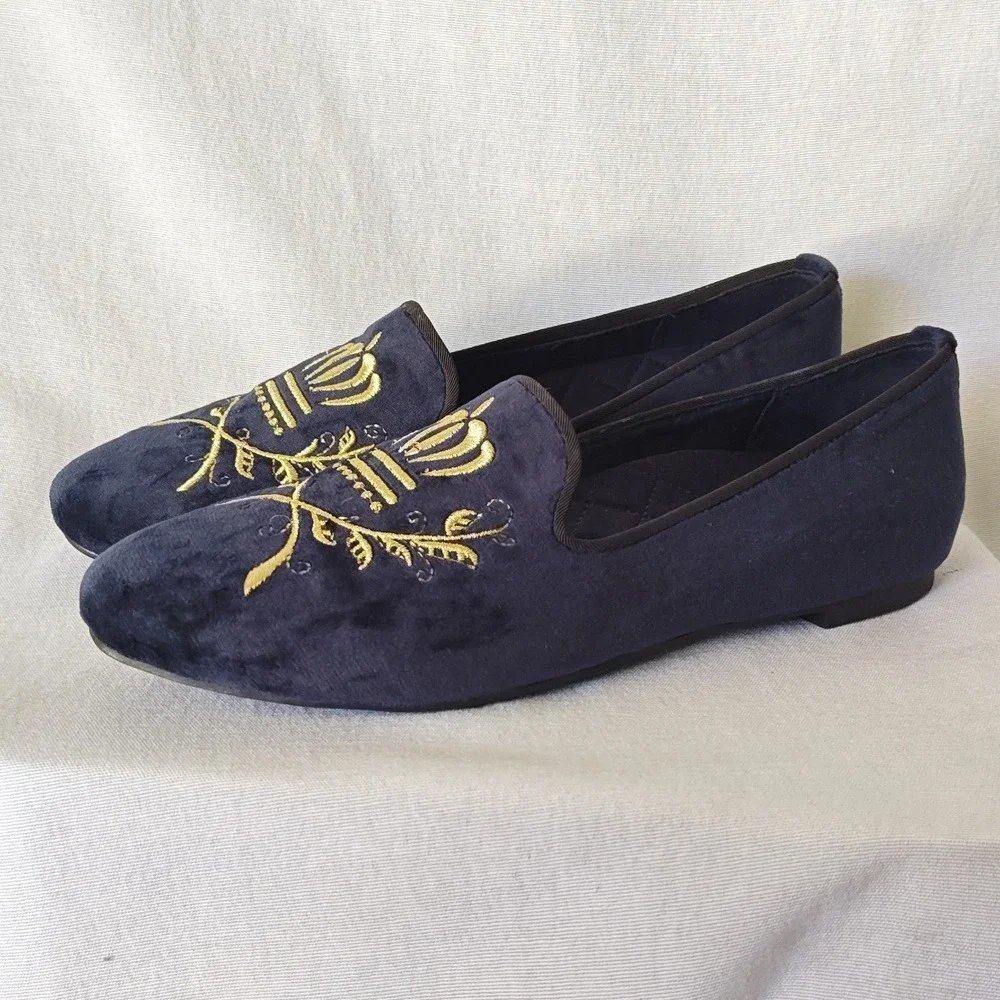 Vionic Romi Loafer Smoking Slippers Navy Blue Velvet Gold Embroidered Crest  8.5